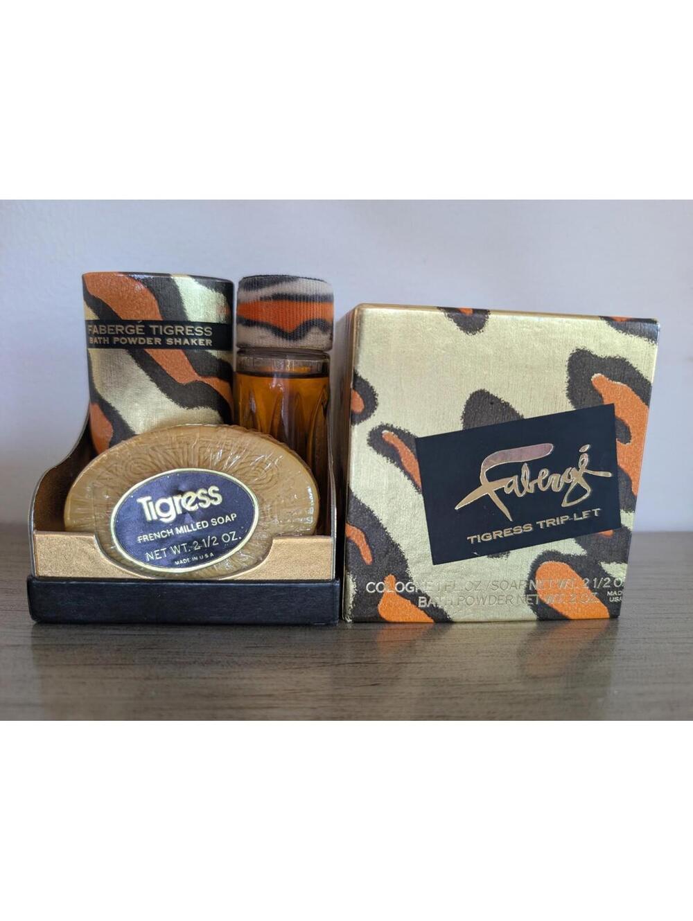 NEW Vintage Faberge Tigress Trip-Let Bath Powder Milled Bar Soap Cologne Box Set